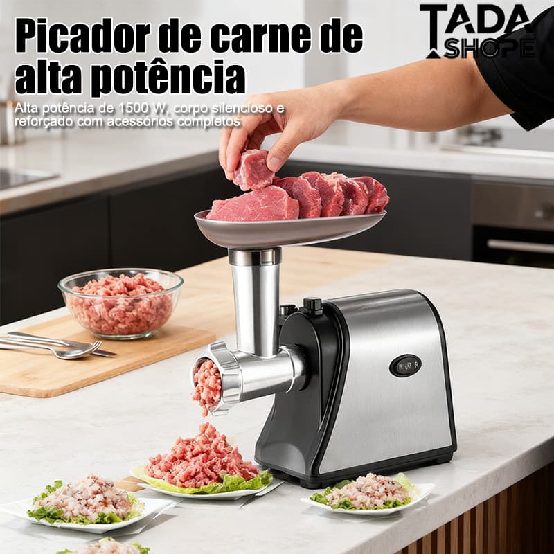 Moedor de carne elétrico 1500W aço inox 110/220V com funil para linguiça e 3 discos de corte TADA
