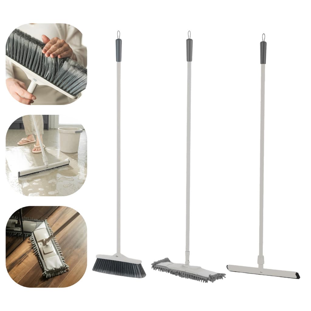Kit de limpeza com cabo inox, vassoura, rodo e mop cinza