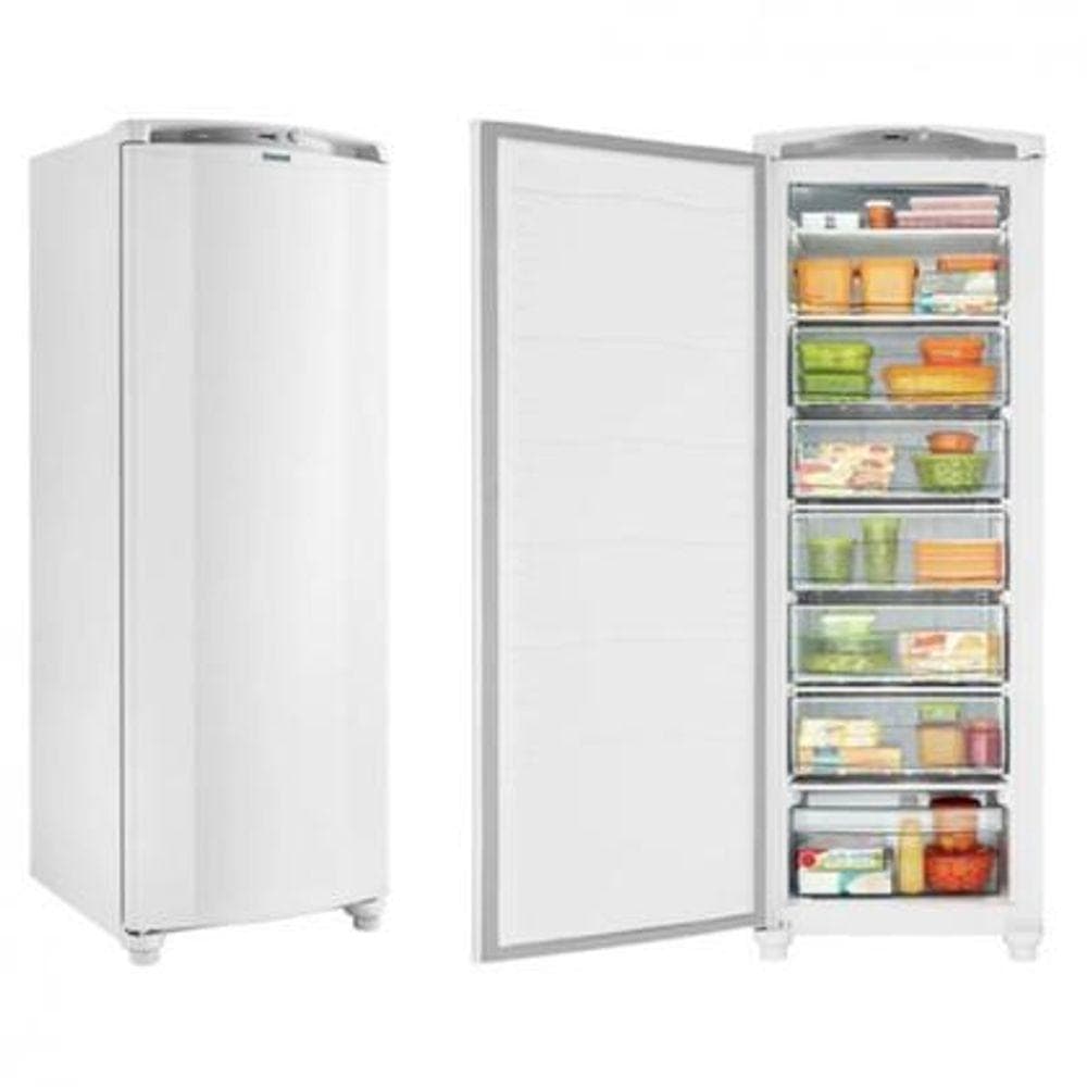 Freezer vertical Consul 1 porta 246L branco CVU30EB com porta aberta mostrando compartimentos internos
