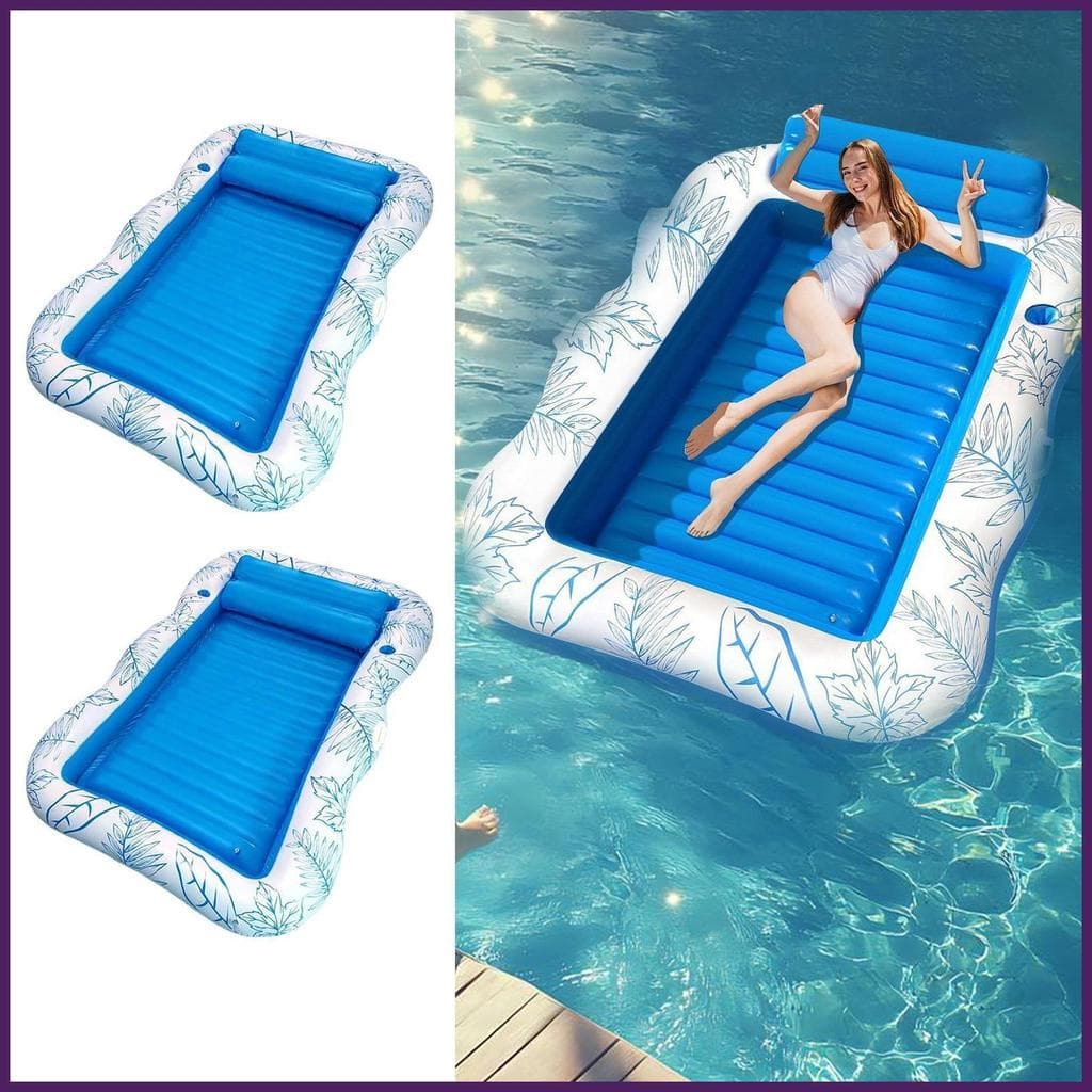 Piscina inflável adulto azul e branco com padrão de folhas - vista frontal e lateral