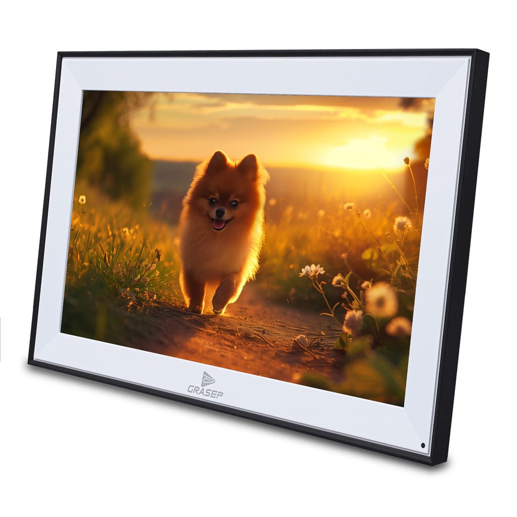 Porta-retrato digital GRASEP com cão pomerânia correndo em campo