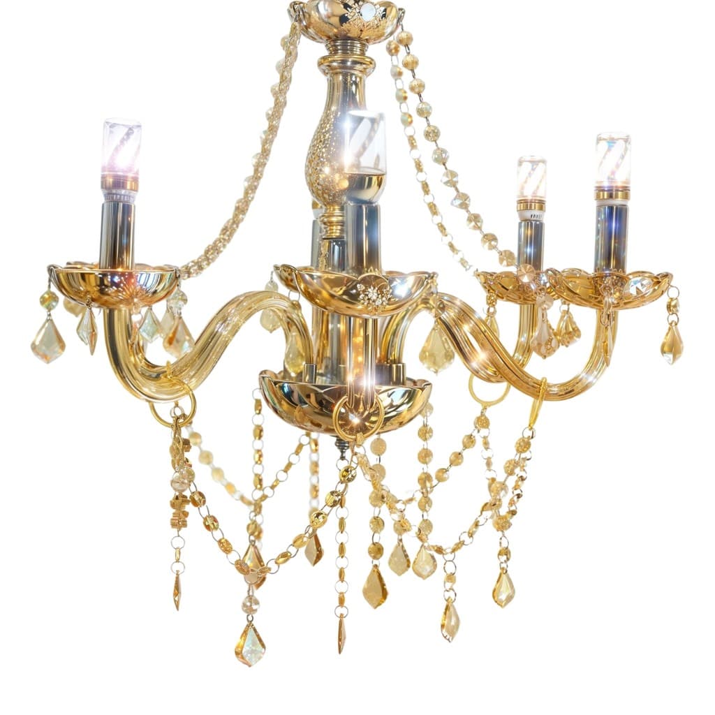 Luminária pendente retrô de 6 braços com cristais, 58 cm, estilo candelabro, ouro e amarelo