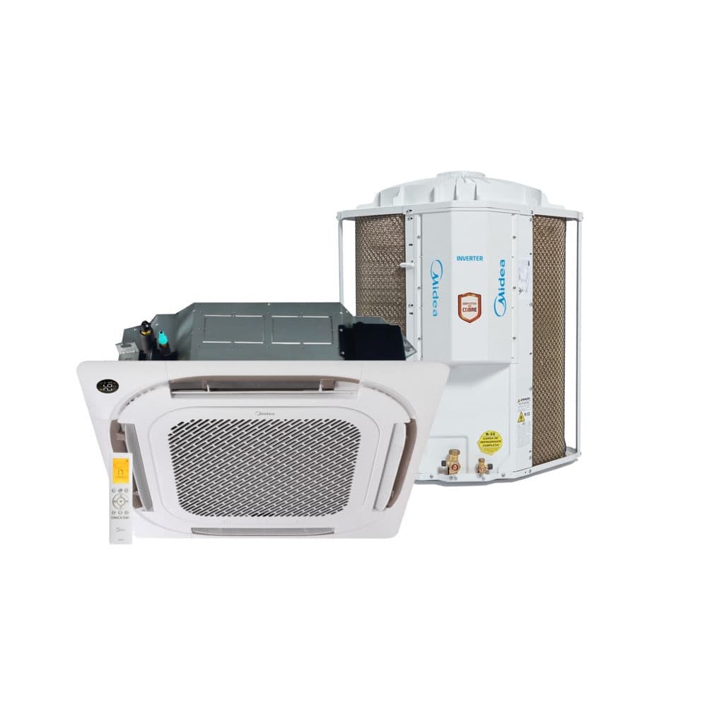 Ar Condicionado Split Inverter Cassete 4 Vias Springer Midea Connect 36000 BTU/h Frio 220 Volts com unidade interna e externa branca.
