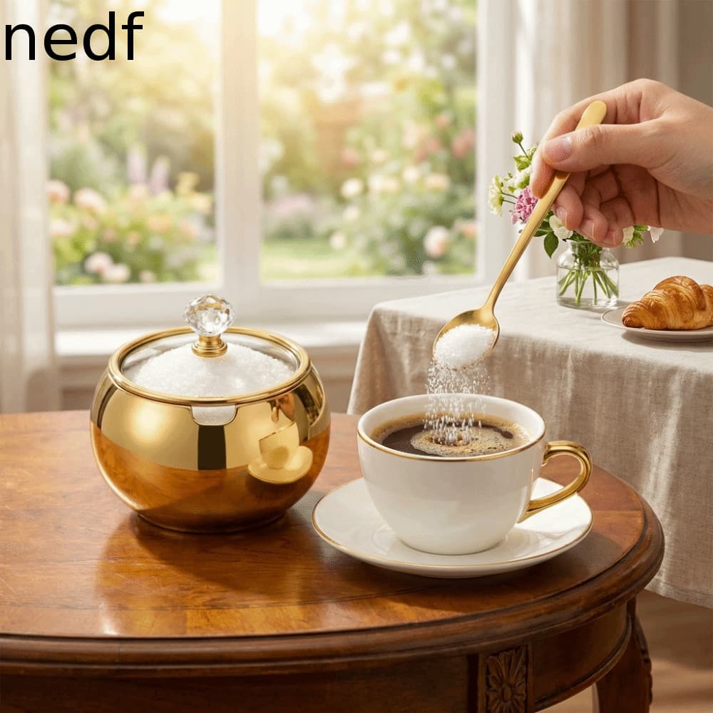 Açucareiro dourado e xícara de café branco na mesa de madeira com açúcar sendo adicionado