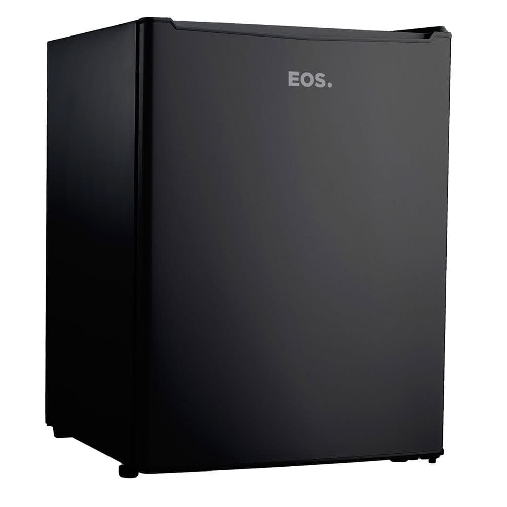 Frigobar 71L preto EOS com porta reversível, modelo Ice Compact, em fundo branco