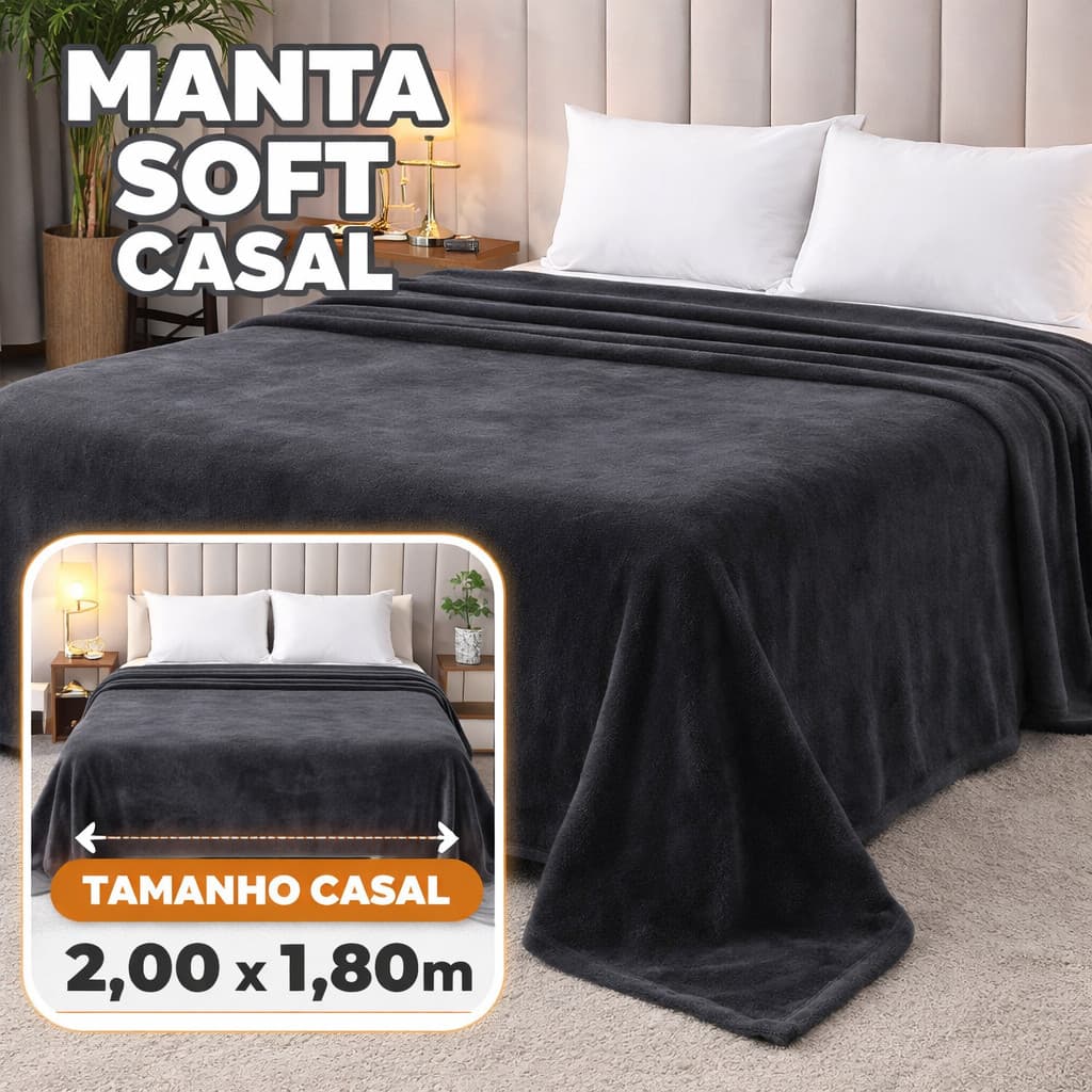Manta de casal preta felpuda, tamanho 2,00 x 1,80m, em uma cama com fundo bege.