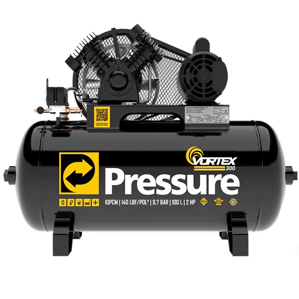 Compressor de Ar Vortex 300, 100 Litros, 2HP, 140 Psi, 9,7 Bar, Bivolt, Cabeçote Duplo