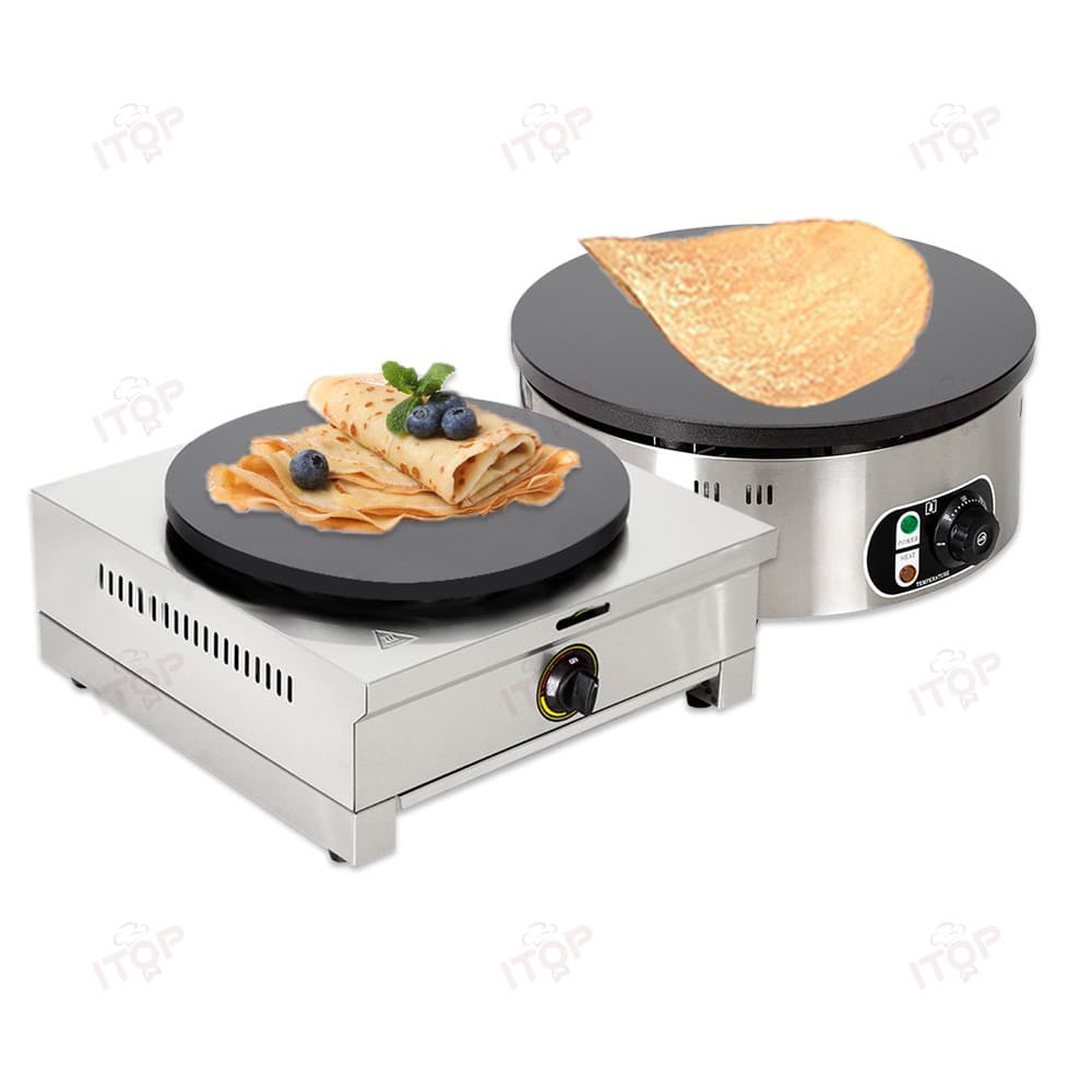 Duas máquinas comerciais para fazer crepes Mille a gás com crepes prontos