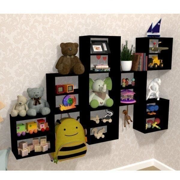 Kit 7 Nichos Cubo com 1 Prateleira Lema Kit Cubos Baby Preto