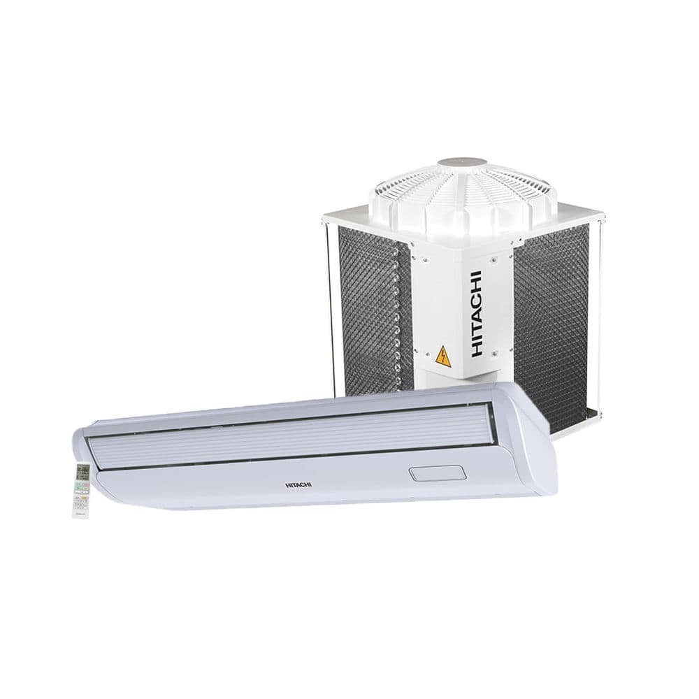 Ar condicionado split piso teto Hitachi AirCore 500 58000 BTU/h frio trifásico com unidade interna branca e unidade externa metálica