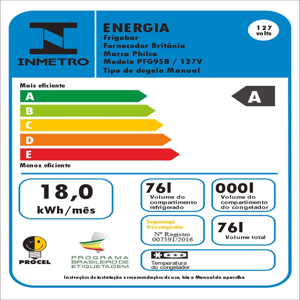 Etiqueta de eficiência energética do Frigobar Philco PFG95B 76 litros, classe A, 18,0 kWh/mês, 76 litros