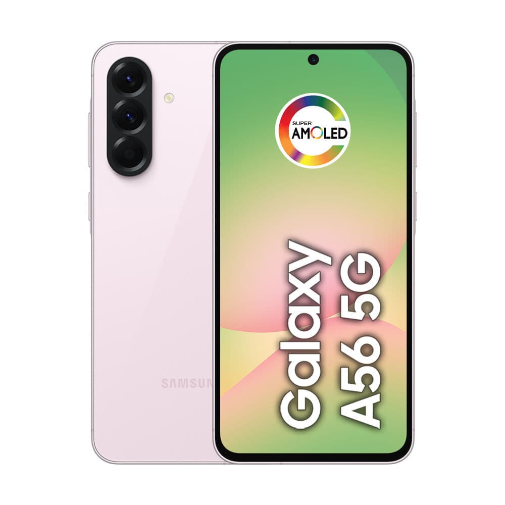 Celular Samsung Galaxy A56 5G, 256GB, 8GB RAM, câmera 50MP, IP67, Super AMOLED 6.7', recursos AI, vista traseira e frontal