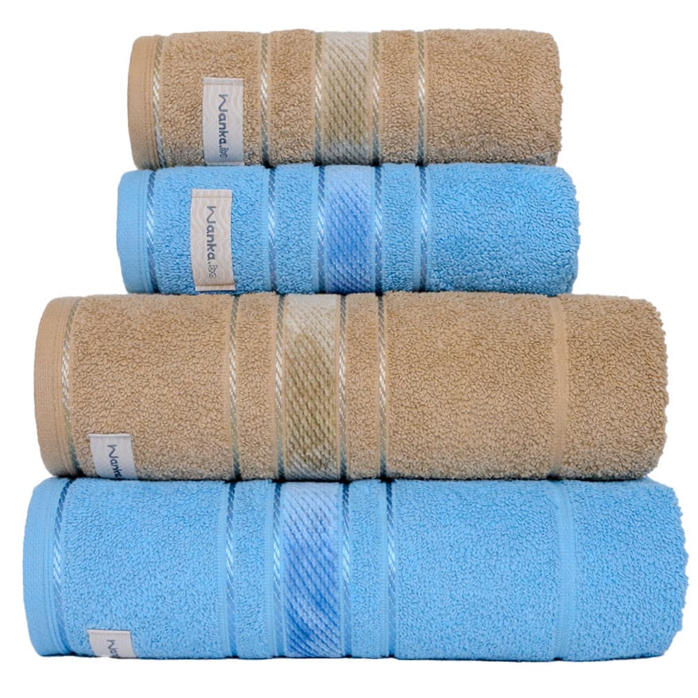 Conjunto de 4 toalhas de banho azuis e bege, 100% algodão, com design de listras e rótulo 'Manka', contra fundo branco.