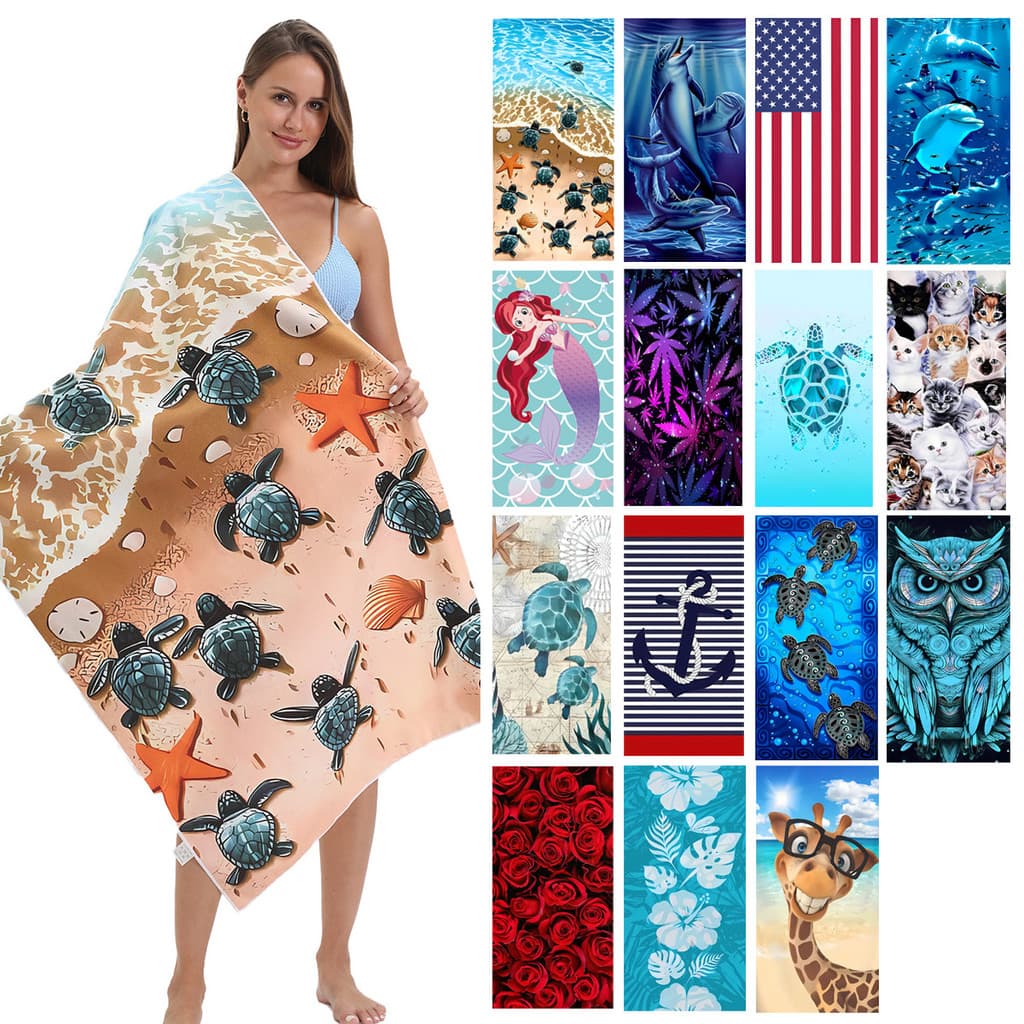 Toalha de praia estampada com tartarugas e estrelas do mar em fundo rosa e amarelo