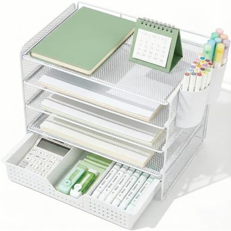 Organizador de mesa branco com cinco bandejas e suporte de arquivo