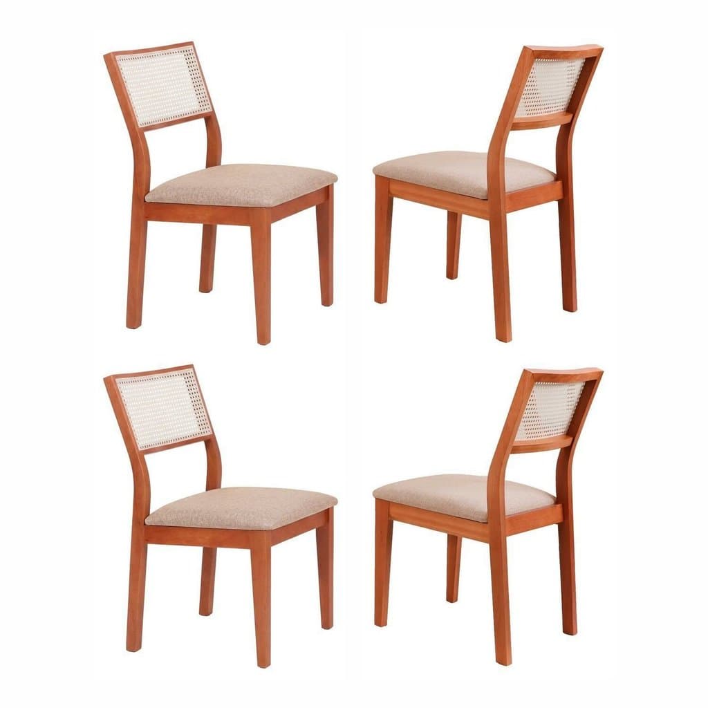 Kit 4 Cadeiras Madeira Maciça com Estofado e Fibra Natural Rattan Maya Yescasa Champagne/Bege