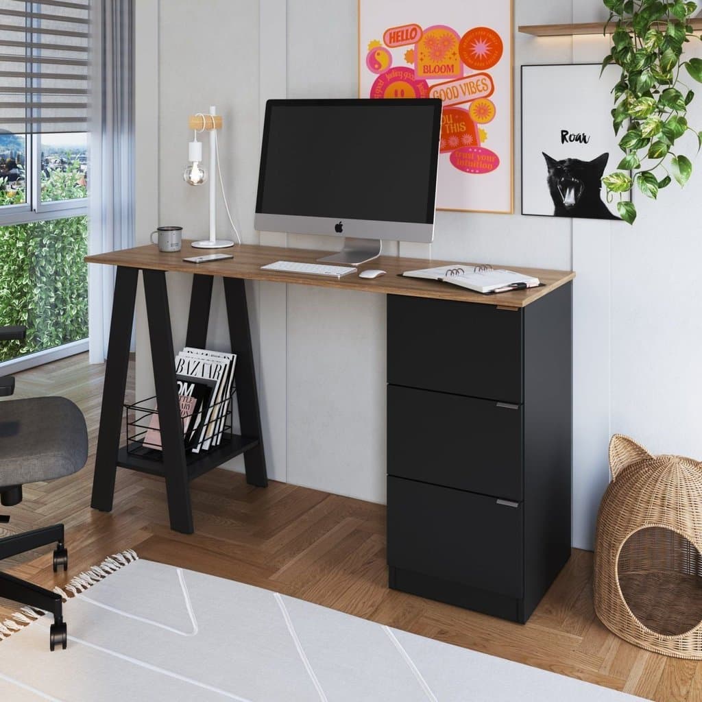 Mesa Escrivaninha Cavalete com Gavetas 3 Gavetas 135cm Mel E Preto Mel/Preto
