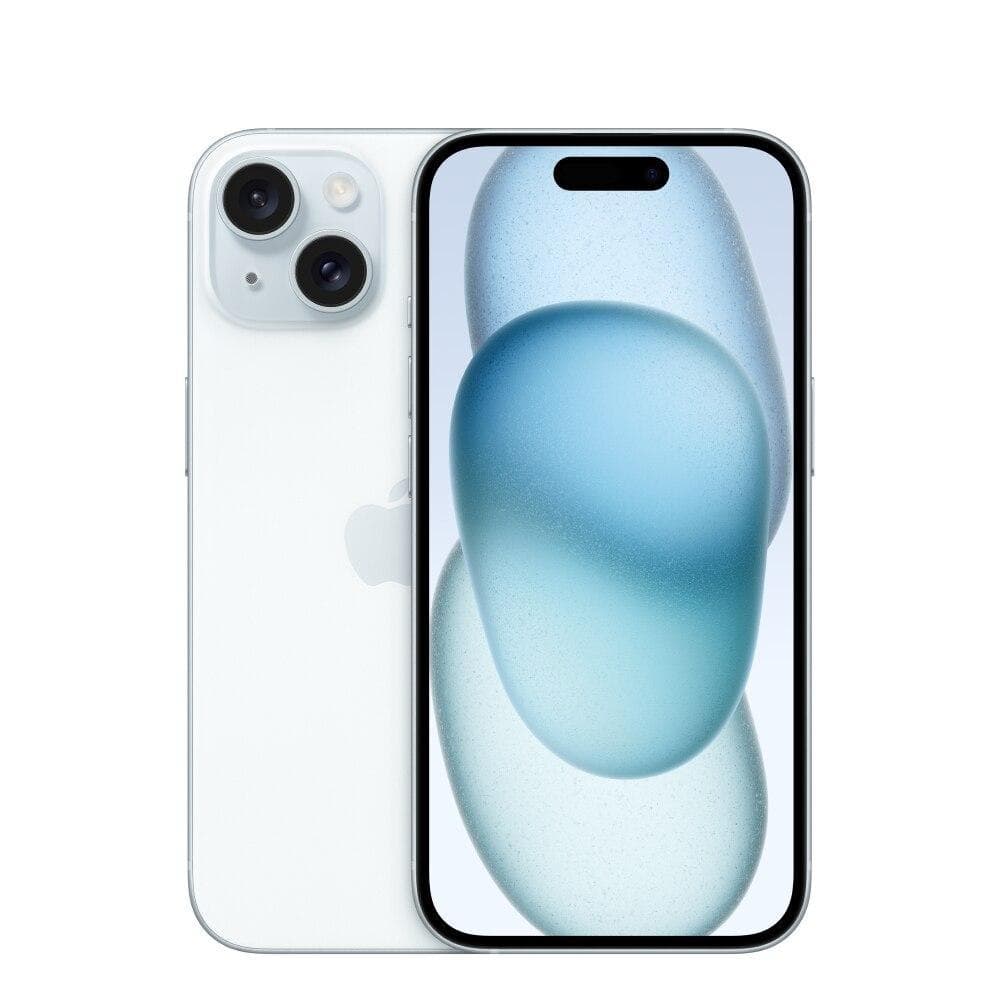 iPhone 15 128GB Azul, vista lateral, câmera traseira dupla, tela detalhada, fundo branco