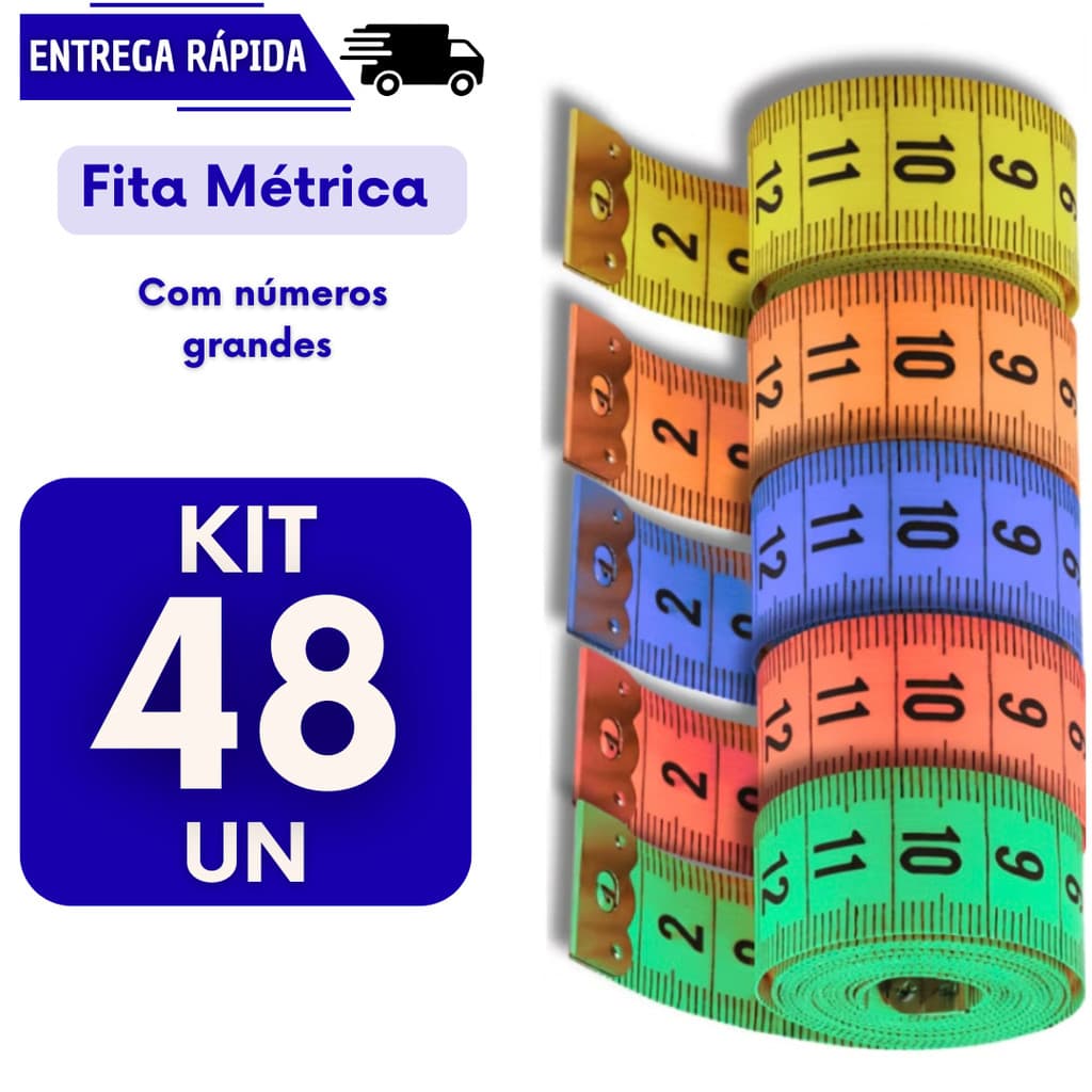 Kit 48 fitas métricas 150cm para medição corporal, fitness e costura, com números grandes, fundo branco