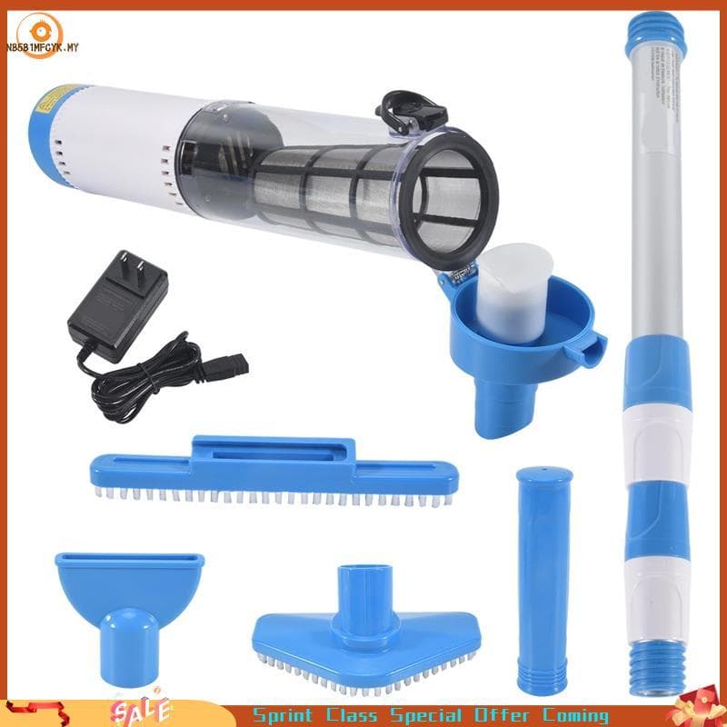 Aspirador de piscina sem fio com acessórios azuis e brancos, ideal para limpeza de piscinas e spas