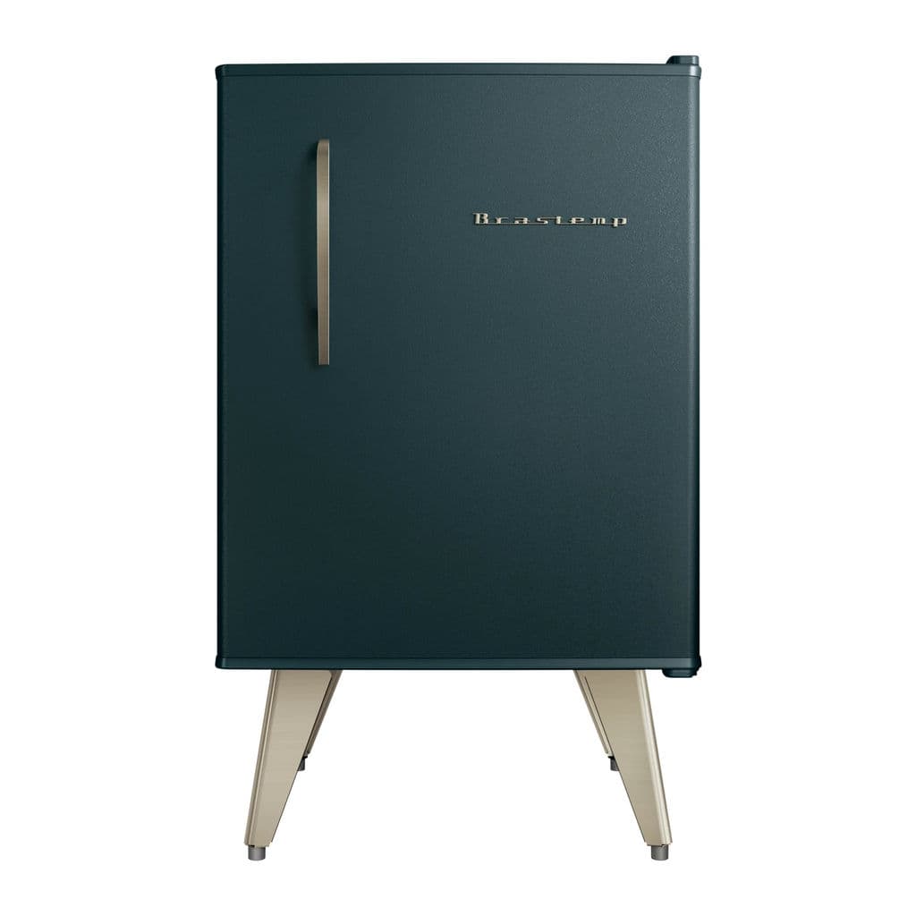 Frigobar Brastemp Retrô 76 Litros Green Jasper - BRA08HN em pé, cor verde escura, com logo Brastemp