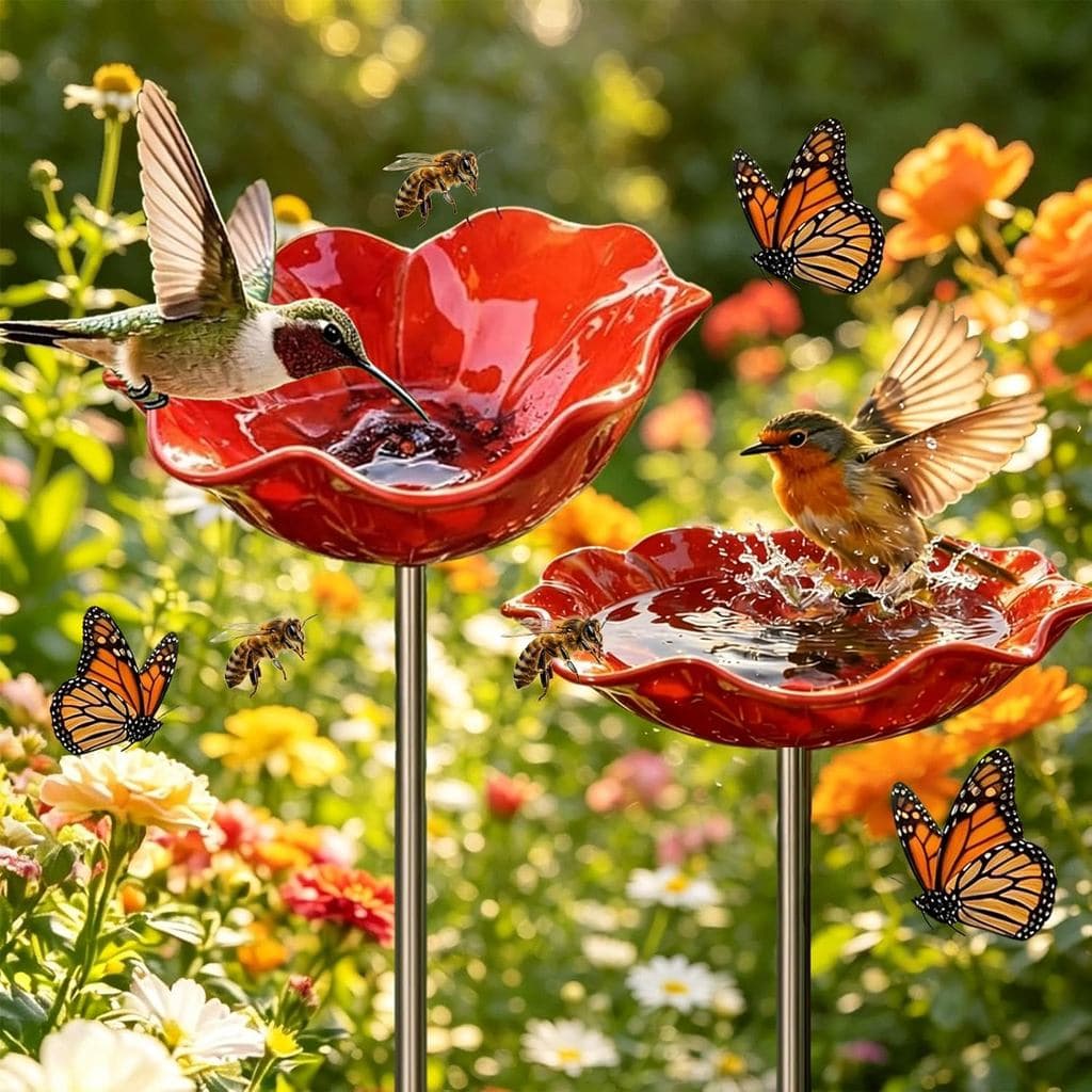 Estaca de jardim em metal artesanal vermelha com bacia de banho para pássaros e borboletas voando ao redor, em um jardim com flores.