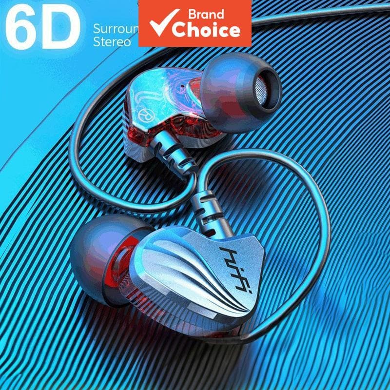 Fone de ouvido SPRISE HiFi Dual Drive 6D Estéreo com microfone, design tecnológico em vermelho e prata, fundo azul texturizado.