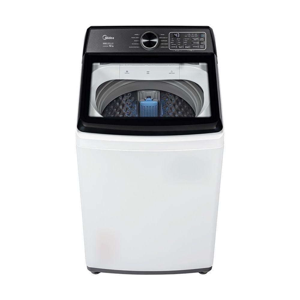 Máquina de lavar 12kg branca Wave Impeller Midea com porta aberta