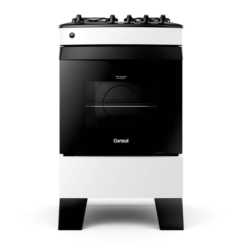 Fogão 4 Bocas Bivolt com Acendimento Automático Consul, preto e branco, porta do forno aberta.