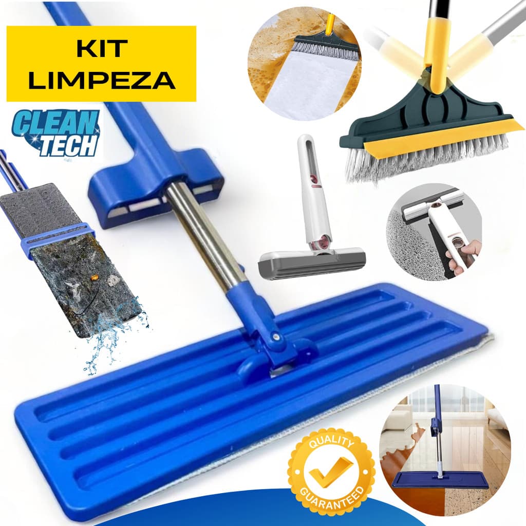 Kit Mop FLAT Giratório 360° com Escova Vassoura Rodo 2 em 1 e Mini Mop - Limpeza Completa Casa