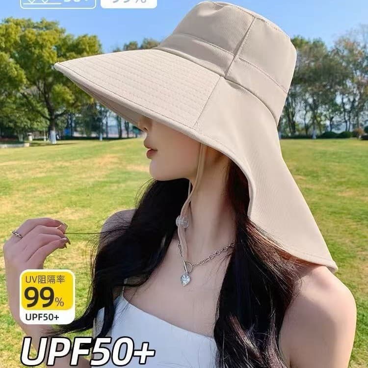 Chapéu de aba larga para proteção solar para mulheres, com cobertura facial e xale, proteção UV para ciclismo, caminhada