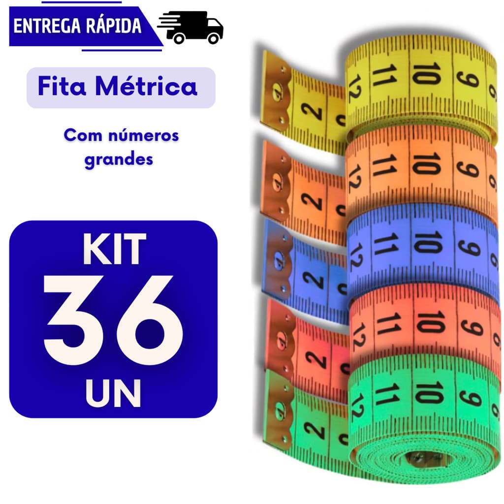 Kit 36 fitas métricas 150cm com números grandes - kit medição corpo