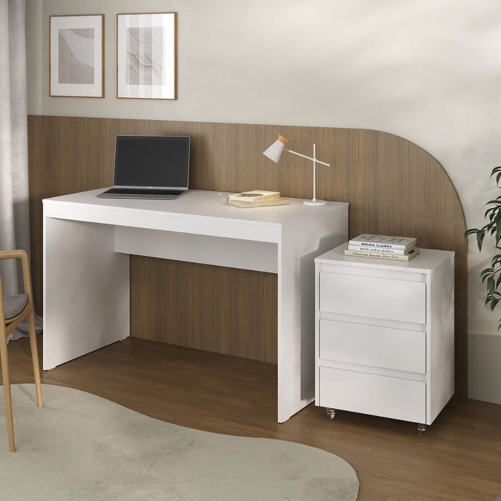 Conjunto Escrivaninha Office Mesa 120cm e Gaveteiro 3 Gavetas com Rodízios Cali Branco