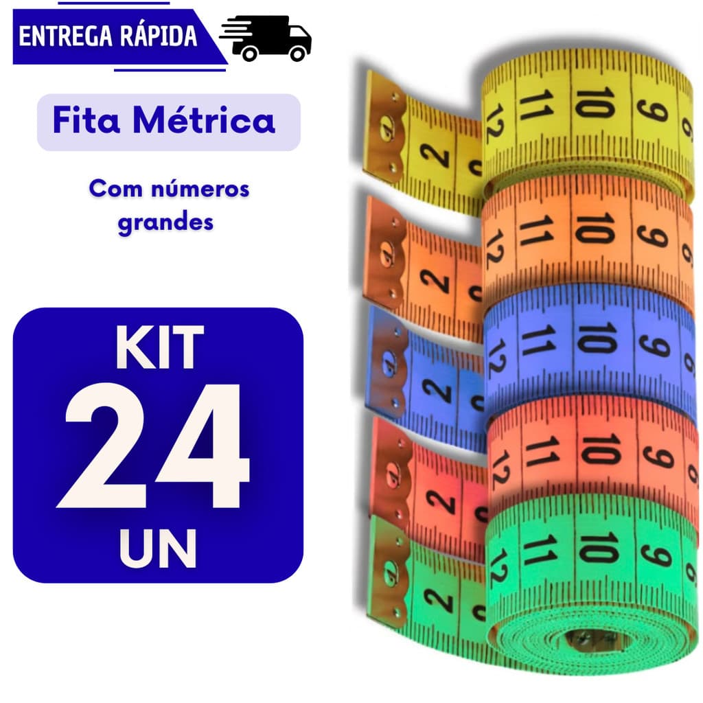 Kit 24 fitas métricas 150cm com números grandes, cores vibrantes