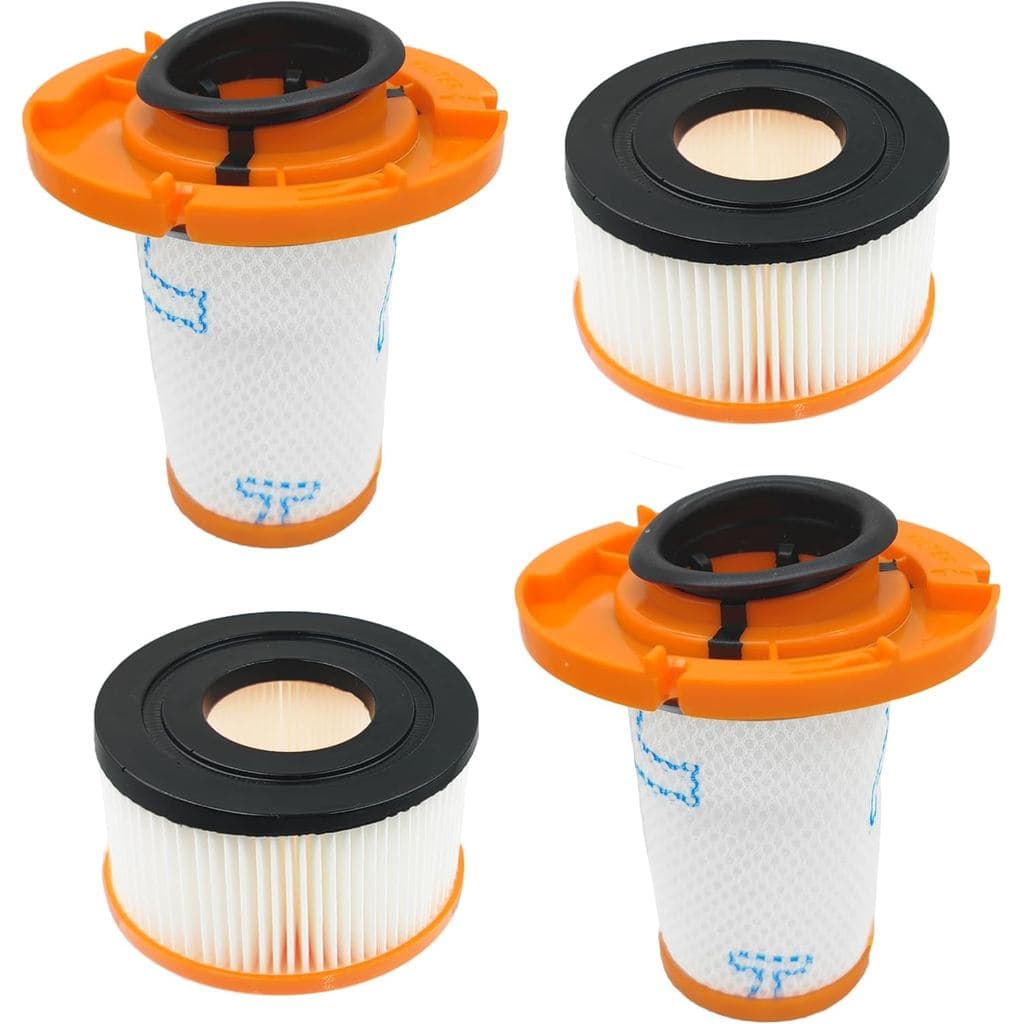 Filtros de reposição para aspiradores Rowenta X-ForceFlex, conjunto de quatro, laranja e preto com área filtrante branca.
