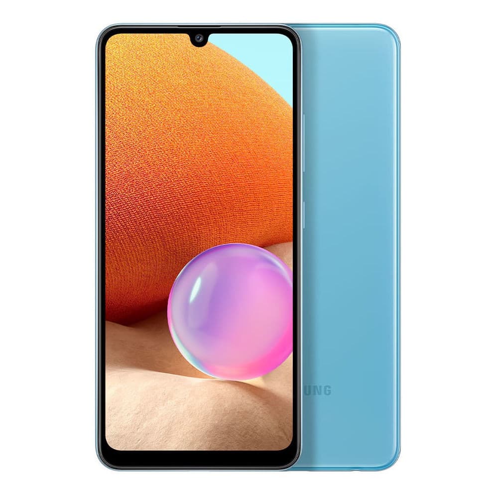 Smartphone Samsung Galaxy A32 violeta com tela multicolorida em fundo branco