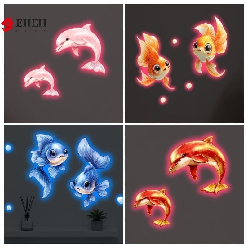 Adesivos luminosos de golfinhos e peixes coloridos para decoração de banheiro