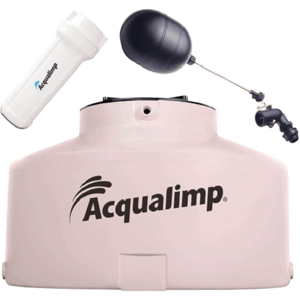 Caixa d'água 500 litros com bóia e filtro ACQUALIMP, cor rosa, fundo branco.