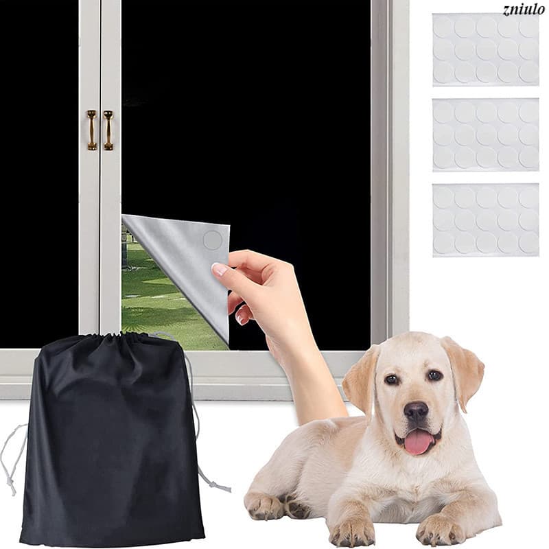Filme adesivo transparente para janelas, com etiqueta 'zinulo', cão branco, fundo branco, janela preta parcialmente coberta