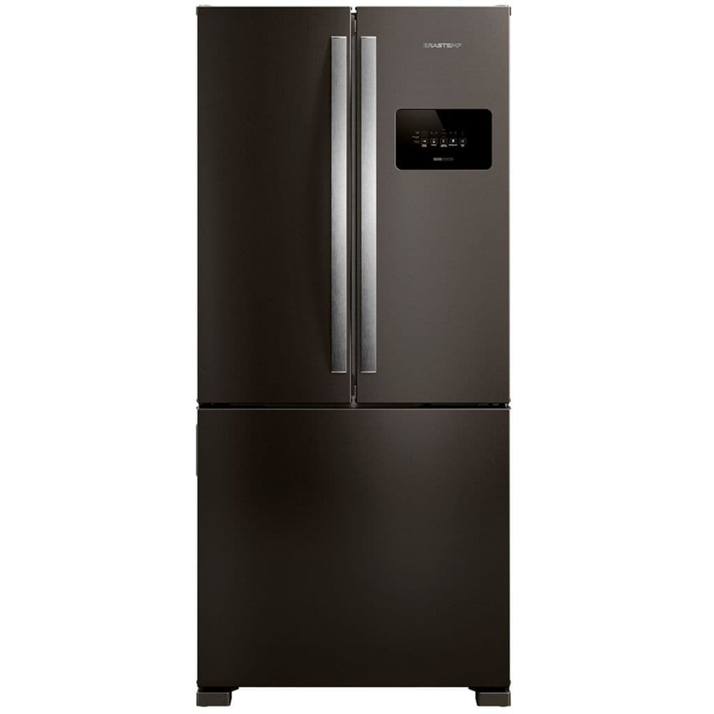 Geladeira Brastemp BRO85ME 559 Litros Frost Free French Door Preta, com portas de vidro e controles digitais, fundo branco.