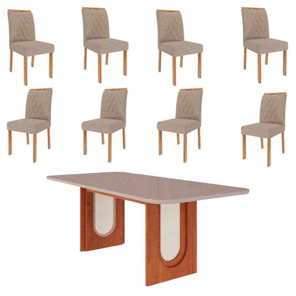 Conjunto de jantar com mesa retangular e oito cadeiras estofadas em bege