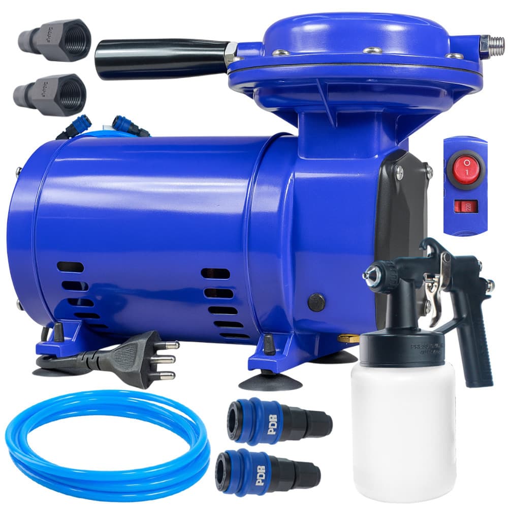 Compressor de ar profissional azul com pistola e mangueira, controle de velocidade e acessórios