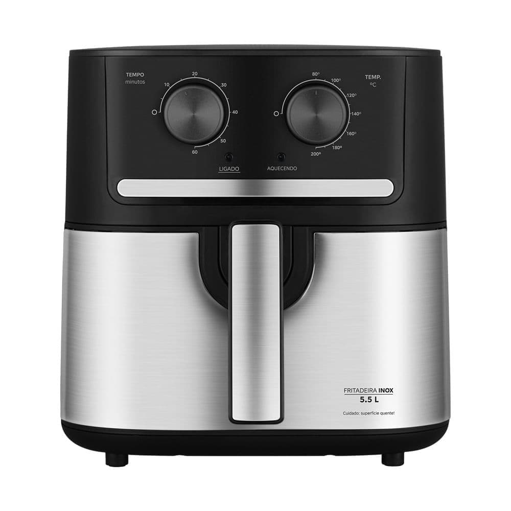 Fritadeira Air Fryer 5,5L Cyclone Midea, preto e aço inoxidável, controles de temperatura e tempo, fundo branco