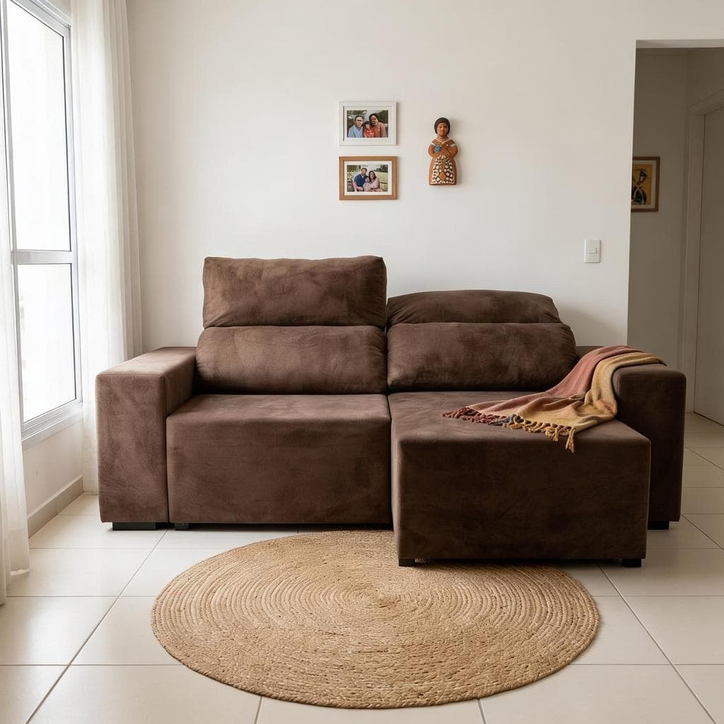 Sofá de 3 lugares em veludo marrom com design retrátil e reclinável, em uma sala com piso branco e decoração minimalista.
