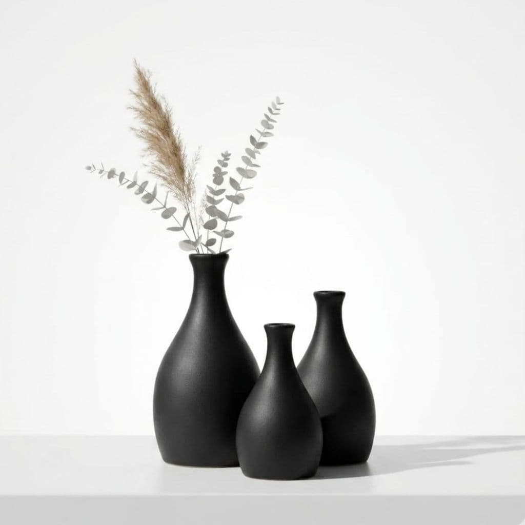 Trio de vasos decorativos pretos em cerâmica com plantas secas