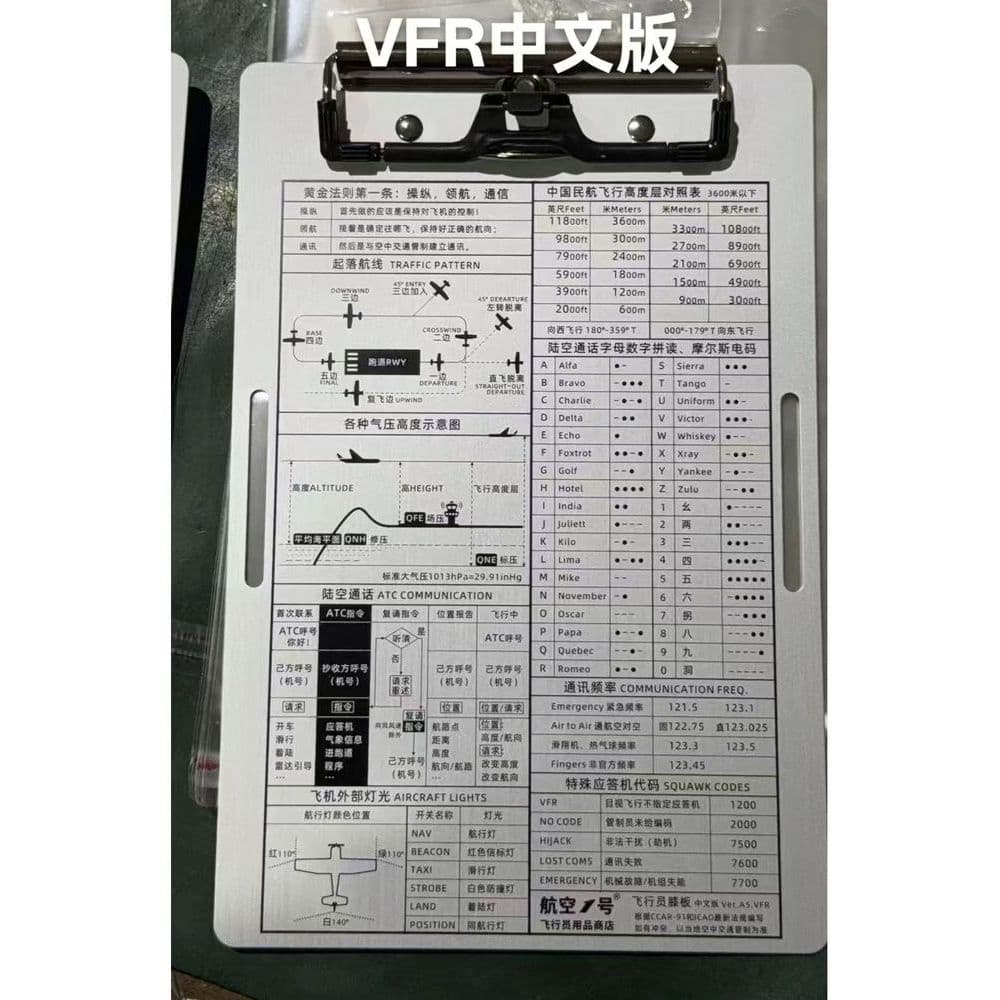 Placa de alumínio branco com informações de voo VFR em caracteres chineses