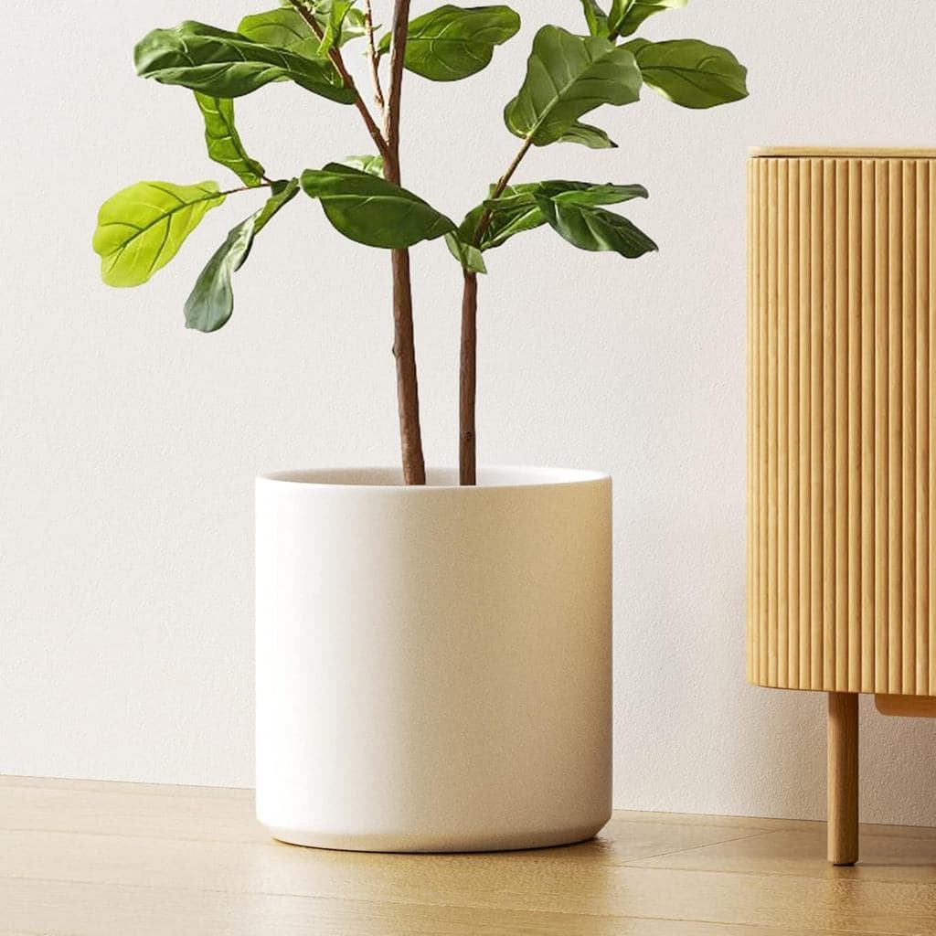 Vaso de cerâmica branca de 12 polegadas para plantas com folhas verdes