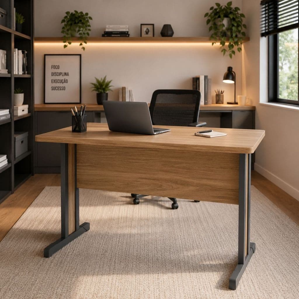 Mesa Secretária 120cm MDP Estrutura Metálica Escrivaninha Versátil para Escritório Home Office