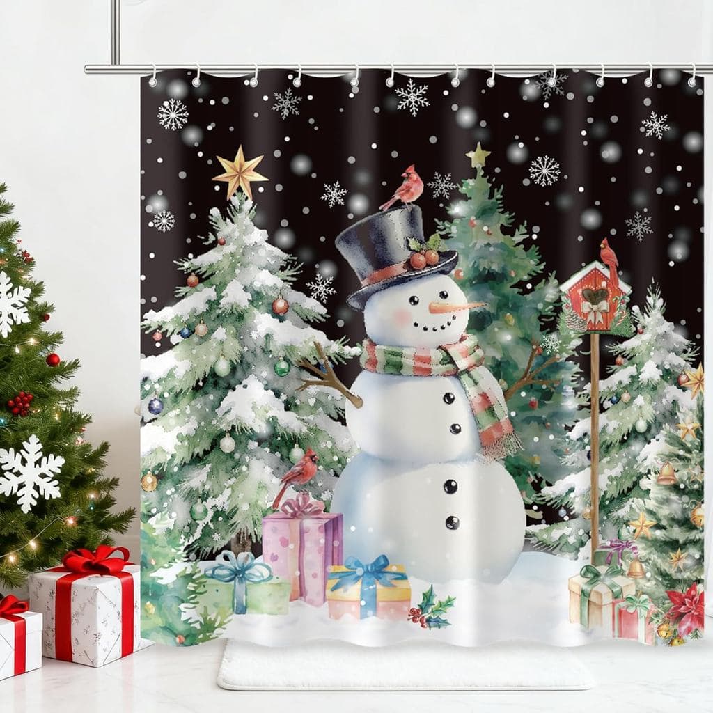 Cortina de Chuveiro de Natal, Cortina de Banheiro Impermeável com Design de Boneco de Neve em Aquarela de Natal, Cortina