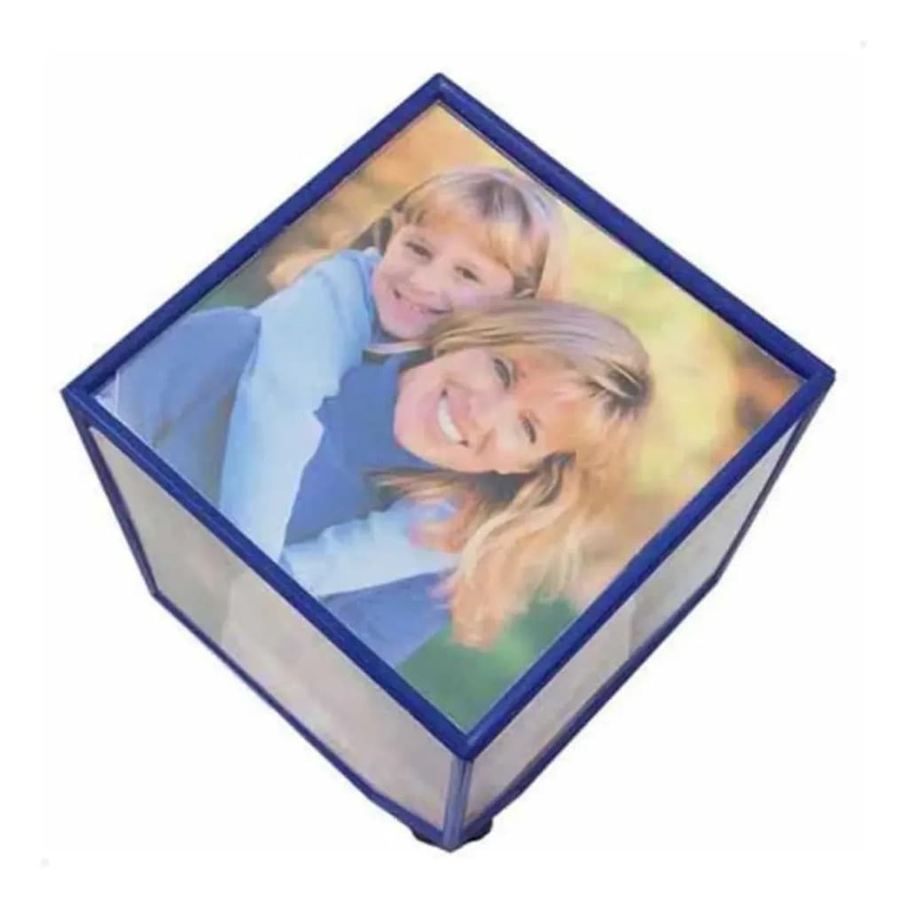 Porta retrato cubo giratório azul com fotos de crianças sorridentes
